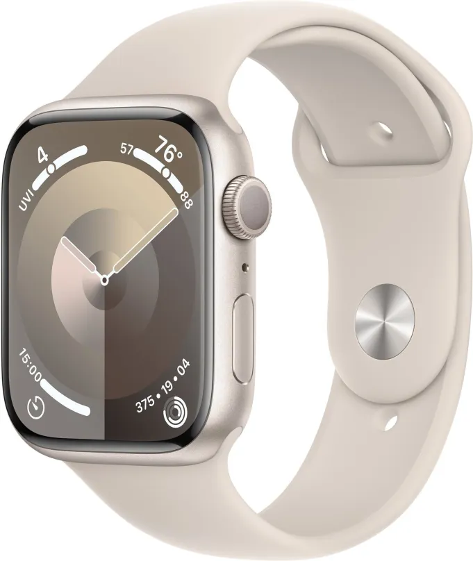 Chytré hodinky Apple Watch Series 9 45mm Hviezdne biely hliník s hviezdne bielym športovým remienkom - M/L