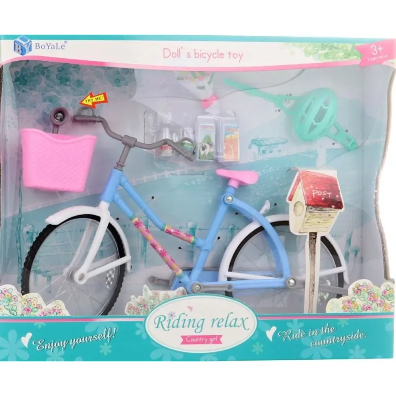 Bicykel pre bábiky 27cm modré s ružovým košíčkom