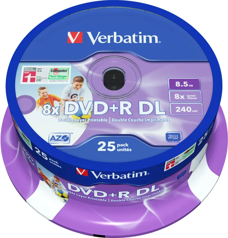 Médiá VERBATIM DVD+R DL AZO 8,5 GB, 8x, printable, spindle 25 ks
