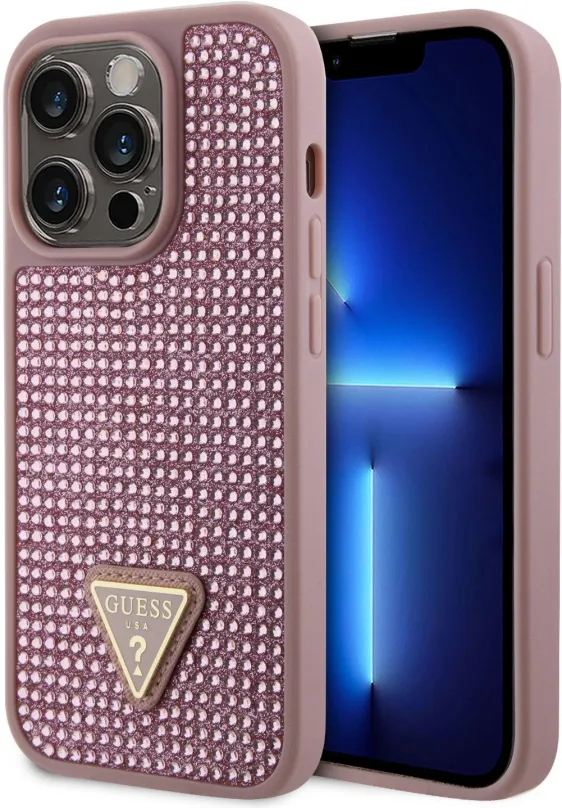 Kryt pre mobil Guess Rhinestones Triangle Metal Logo Kryt pre iPhone 15 Pro Pink