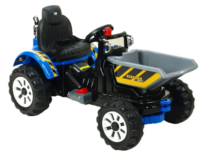 Traktor Kingdom s výklopnou korbou, mohutnými kolesami a konštrukcií, 2x motor 12V, 2x náhon, modrý,