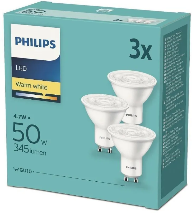 LED žiarovka Philips LED 4.7-50W, GU10 2700K, 3ks
