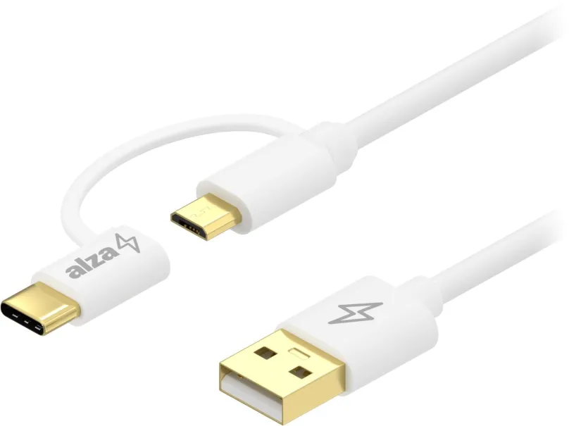 Dátový kábel AlzaPower Core 2in1 Micro USB + USB-C 0,5 m biely
