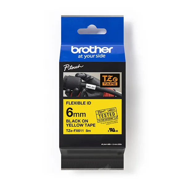 Brother originálna páska do tlačiarne štítkov, Brother, TZE-FX611, čierna tlač/žltý podklad, laminovaná, 8m, 6mm, flexibilná