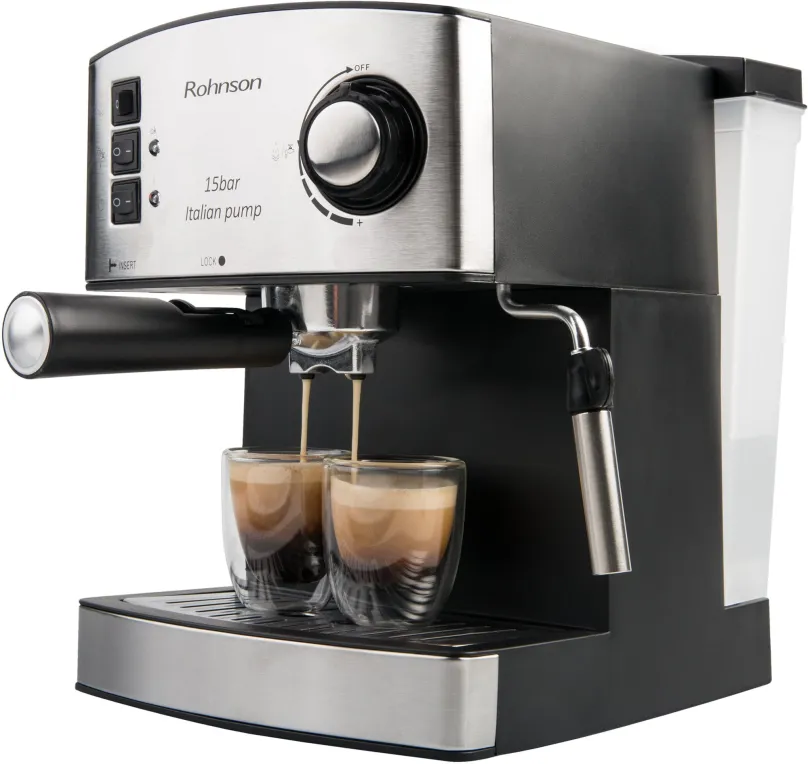 Pákový kávovar Rohnson R-972, tlak 15 bar, objem nádržky na vodu 1,6 l, cappuccino a lat