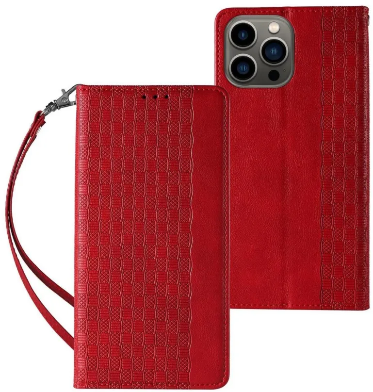 Púzdro na mobil Magnet Strap knižkové kožené púzdro na iPhone 12 Pro Max, červené