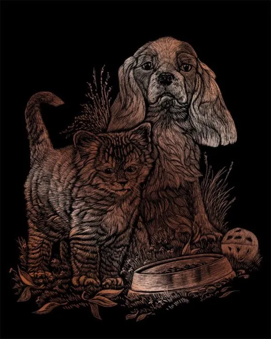 Medený škrabací obrázok Šteňa s mačiatkom