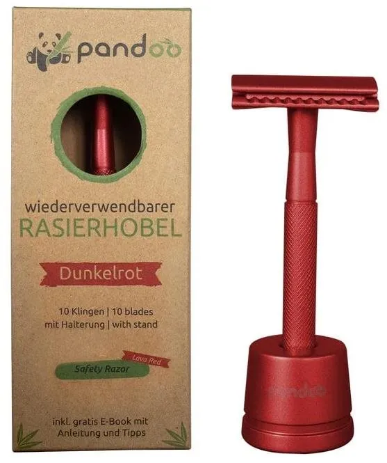 Holiaci strojček PANDOO Kovový holiaci strojček so stojanom lávovo červený + 10 ks žiletiek