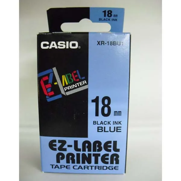 Casio originálna páska do tlačiarne štítkov, Casio, XR-18BU1, čierna tlač/modrý podklad, nelaminovaná, 8m, 18mm