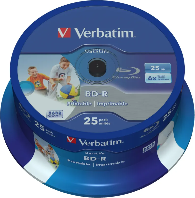 Médiá VERBATIM BD-R SL DataLife 25GB, 6x, printable, spindle 25 ks, BD-R Single Layer, kap
