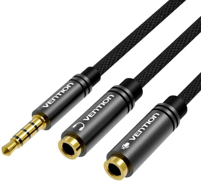 Audio kábel Vention Fabric Braided 3.5mm Male to 2x 3.5mm Female Stereo Splitter Cable 0.3m Black Metal Type