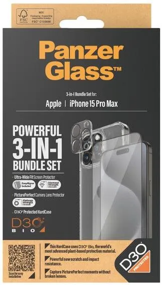 Ochranné sklo PanzerGlass Bundle 3v1 Apple iPhone 15 Pro Max (PG sklo + HardCase D30 + Camera Protector)