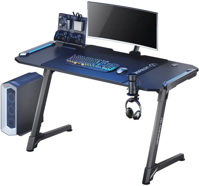 ULTRADESK Herný stôl SPACE XXL V2 BLACK, 144x70 cm, 75 cm, LED RGB podsvietenie s dotykovým panelom, s XXL podložkou pod myš