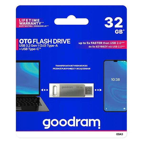 Goodram USB flash disk, USB 3.0, 32GB, ODA3, strieborný, ODA3-0320S0R11, USB A/USB C, s otočnou krytkou