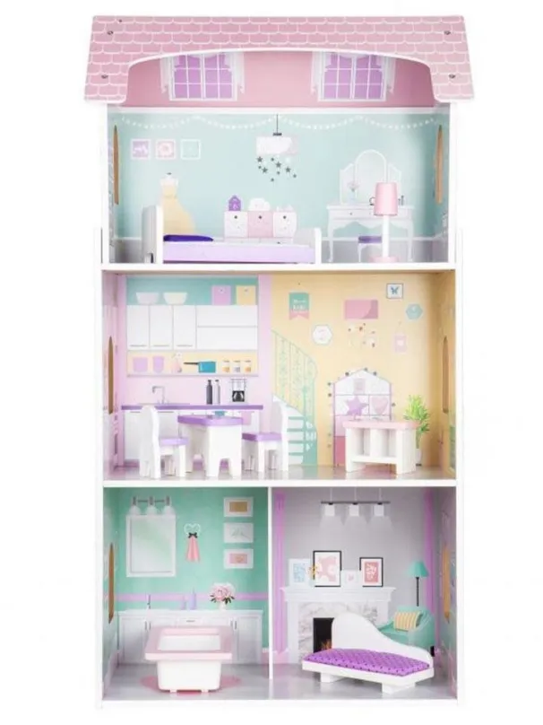Domček pre bábiky ECOTOYS Trojposchodový domček pre bábiky jahodový