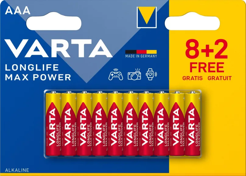 Jednorazová batéria VARTA alkalická batéria Longlife Max Power AAA 8+2ks