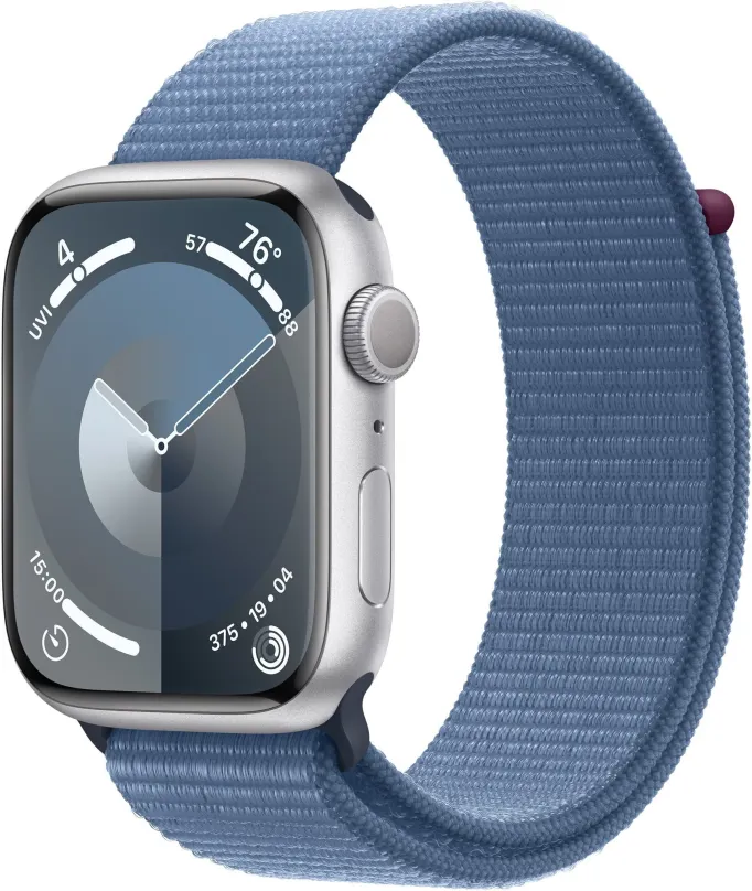 Chytré hodinky Apple Watch Series 9 45mm Strieborný hliník s ľadovo modrým prevliekacím športovým remienkom