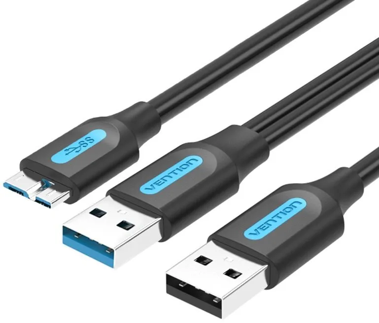 Dátový kábel Vention USB 3.0 to Micro USB kábel s USB Power Supply 0.5M Black PVC Type