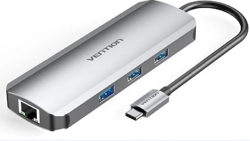 Replikátor portov Vention Type-C (USB-C) do HDMI / 3x USB3.0 / RJ45 / SD / TF / PD 0.15M Gray Aluminum Alloy Type