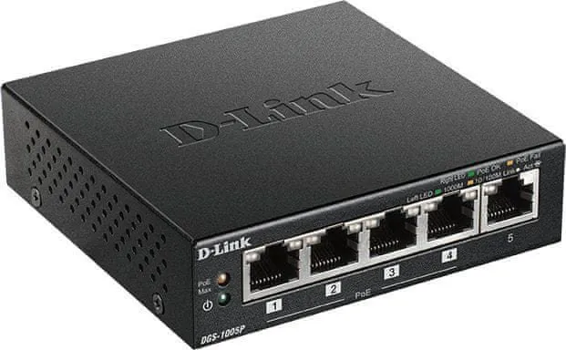 Switch D-Link DGS-1005P, desktop, 5x RJ-45, L2, Power over Ethernet (PoE) a QoS (Quality o