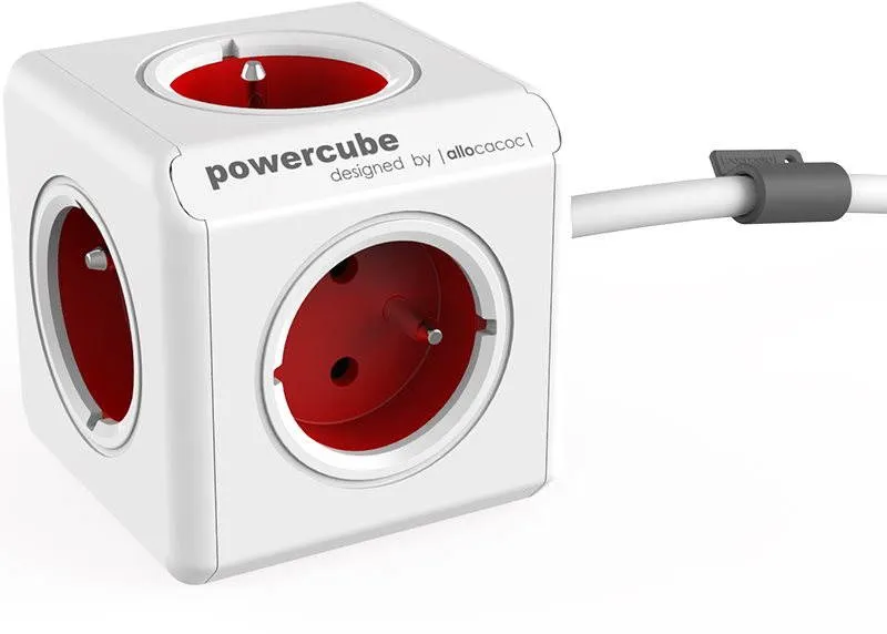 Zásuvka PowerCube Extended červená, – 5 výstupov, detská poistka, uzemnenie, 1,5 m kábel,