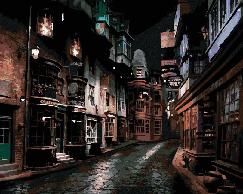 Maľovanie podľa čísel Priečna ulica v noci (Harry Potter), 40x50 cm, bez rámu a bez vypnutia plátna