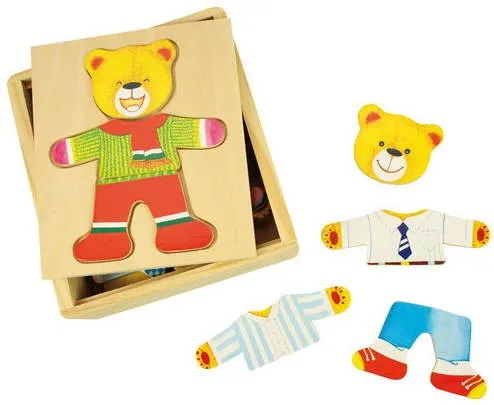Vkladačka Drevené obliekacie puzzle v krabičke - Pán Medveď