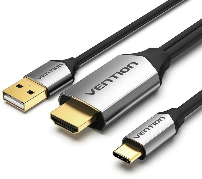 Video kábel Vention Type-C (USB-C) na HDMI kábel s USB Power Supply, Black Metal Type