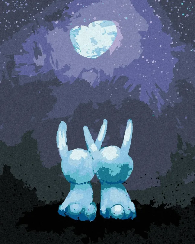 Maľovanie podľa čísel Zamilovaní králičci pozerajúci na žiariaci mesiac, 80x100 cm, bez rámu a bez vypnutia plátna