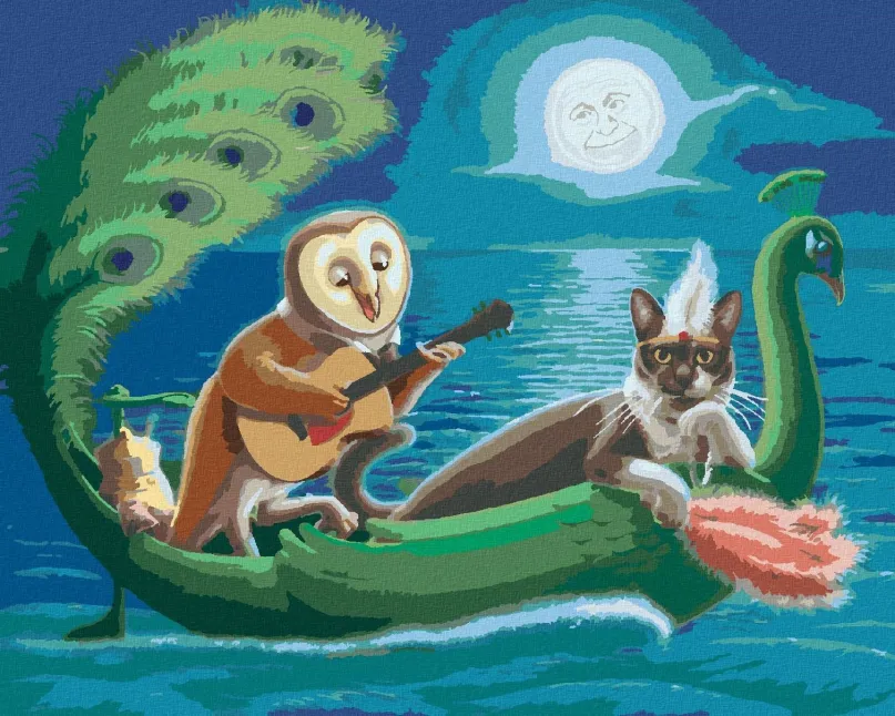 Maľovanie podľa čísel Sova a mačka na lodi v tvare páva (Sue Ellen Brown), 40x50 cm, bez rámu a bez vypnutia plátna