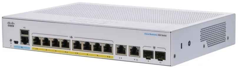 Switch CISCO CBS350 Managed 8-port GE, PoE, 2x1G Combo, do čajky, 8x RJ-45, 1x USB 2.0, 2x