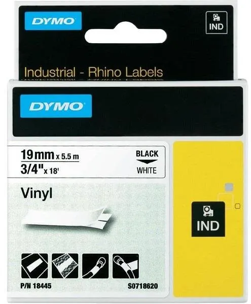 Dymo originálna páska do tlačiarne štítkov, Dymo, 18445, S0718620, čierna tlač/biely podklad, 5.5m, 19mm, RHINO vinylová profi D1