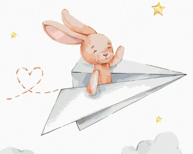 Maľovanie podľa čísel Zajac v papierovom lietadle, 80x100 cm, bez rámu a bez vypnutia plátna