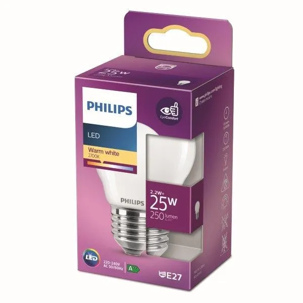 Philips 8718699763459 LED žiarovka 1x2,2W | E27 | 250lm | 2700K - teplá biela, matná biela, EyeComfort