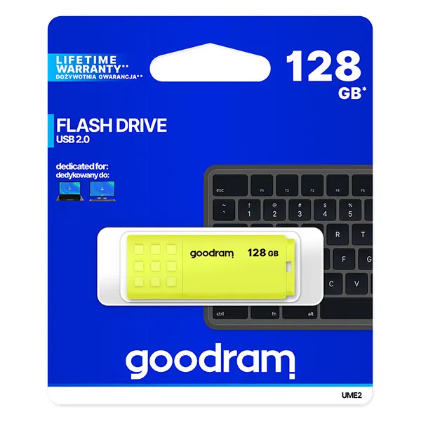 Goodram USB flash disk, USB 2.0, 128GB, UME2, žltý, UME2-1280Y0R11, USB A, s krytkou