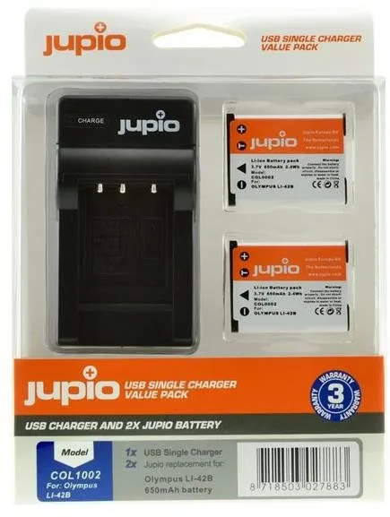 Batéria pre fotoaparát Jupio set 2x Li-40B (Li-42B/NP45/D-Li63/EN-EL10) 650 mAh + USB nabíjačka