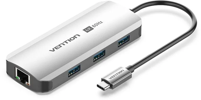 Replikátor portov Vention 6-in-1 USB-C na HDMI/USB 3.0 x3/RJ45/PD Docking Station 0.15M Gray Aluminum Alloy Type