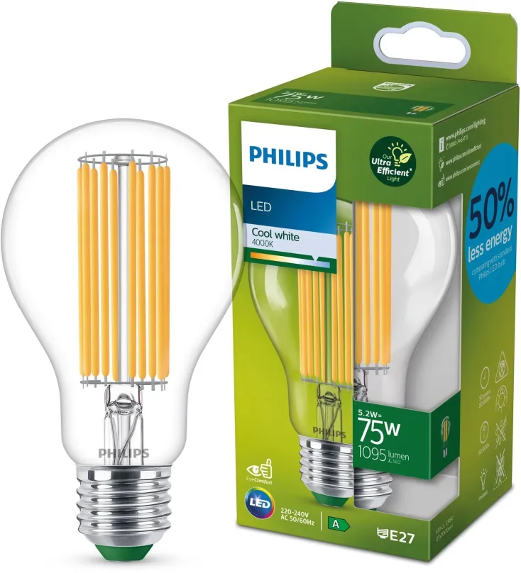 Philips 8719514435698 LED filamentová žiarovka 1x5,2W/75W | E27 | 1535lm | 4000K - číra, Ultra Efficient