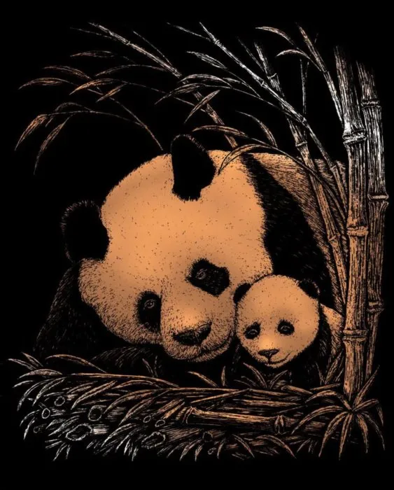 Medený škrabací obrázok Panda s mláďaťom