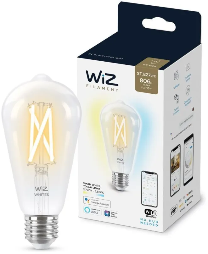 WiZ Tunable white 8718699787172 inteligentná LED filamentová žiarovka E27 | 1x6,7W | 806lm | 2700-6500K