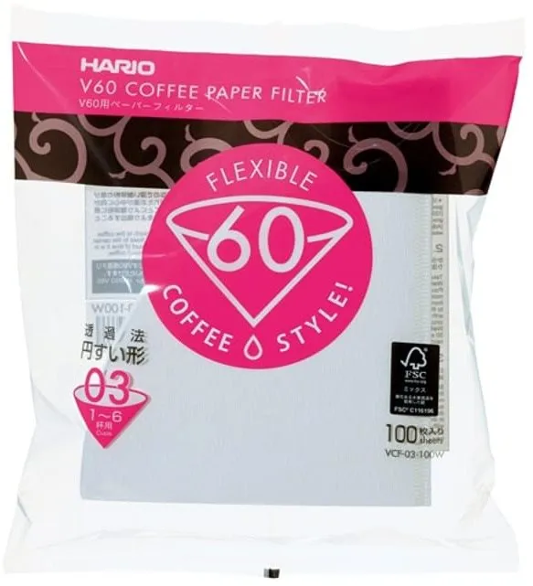 Filter na kávu Hario papierové filtre V60-03 (VCF-03-100W), biele, 100ks