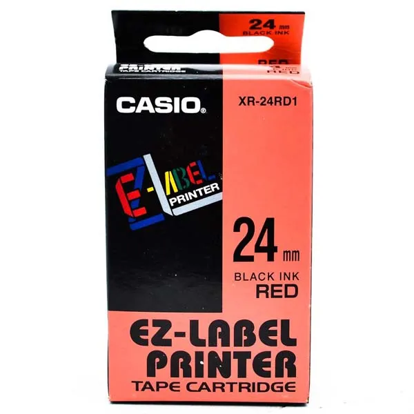 Casio originálna páska do tlačiarne štítkov, Casio, XR-24RD1, čierna tlač/červený podklad, nelaminovaná, 8m, 24mm
