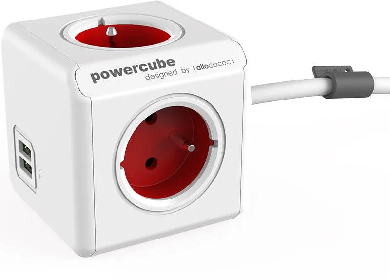 Zásuvka PowerCube Extended USB červená, - 4 výstupy, detská poistka, uzemnenie, 1,5m kábel