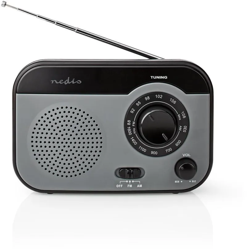Rádio Nedis RDFM1340GY, klasické, prenosné, AM a FM tuner, výkon 1,8 W, vstup 3,5 mm Jack,