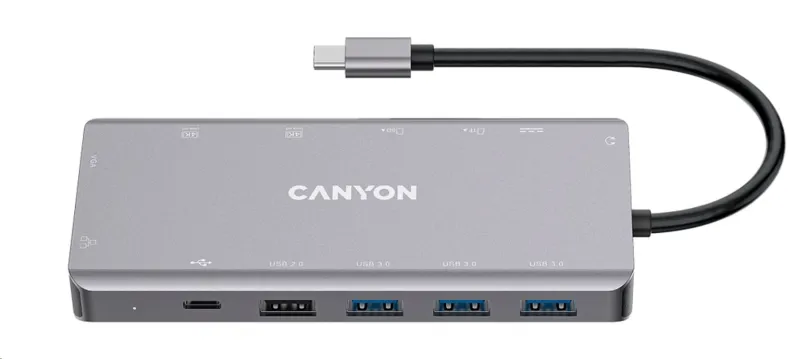 CANYON replikátor portov DS-12 13v1, 1xUSB-C PD 100W, 2x HDMI (4K), VGA, 4xUSB-A, RJ45 Gb, 3.5mm jack, SD/micro čítačka