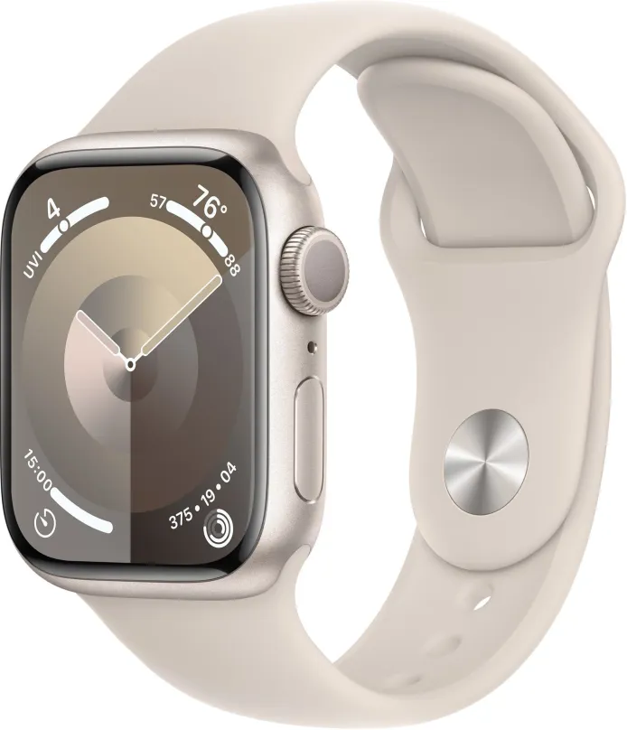 Chytré hodinky Apple Watch Series 9 41mm Hviezdne biely hliník s hviezdne bielym športovým remienkom - S/M