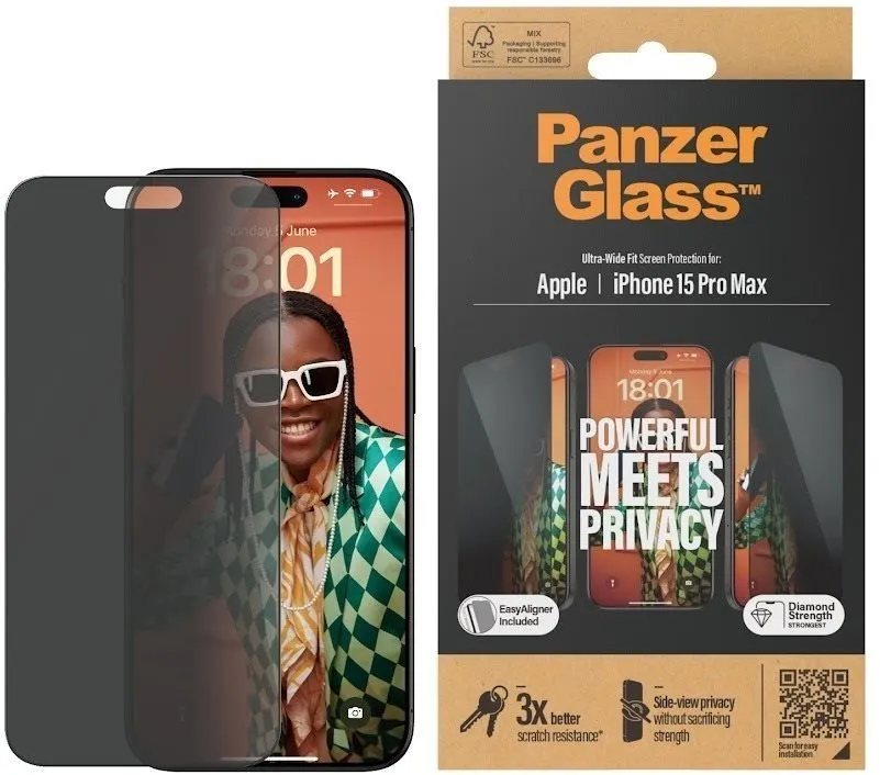 Ochranné sklo PanzerGlass Privacy Apple iPhone 15 Pro Max s inštalačným rámčekom