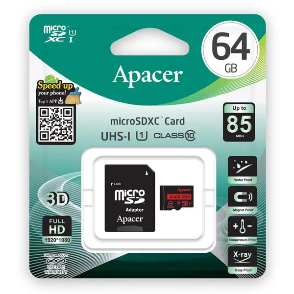 Apacer pamäťová karta Secure Digital Card V10, 64 GB, micro SDXC, AP64GMCSX10U5-R, UHS-I U1 (Class 10), s adaptérom