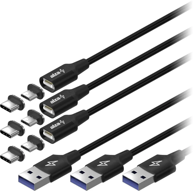 Dátový kábel AlzaPower MagCore 2in1 USB-C + Micro USB, 5A, Multipack 3ks, 1m čierny
