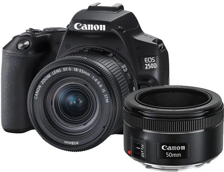 Digitálny fotoaparát Canon EOS 250D čierny + EF-S 18-55 mm f/4-5.6 IS STM + EF 50 mm f/1.8 STM